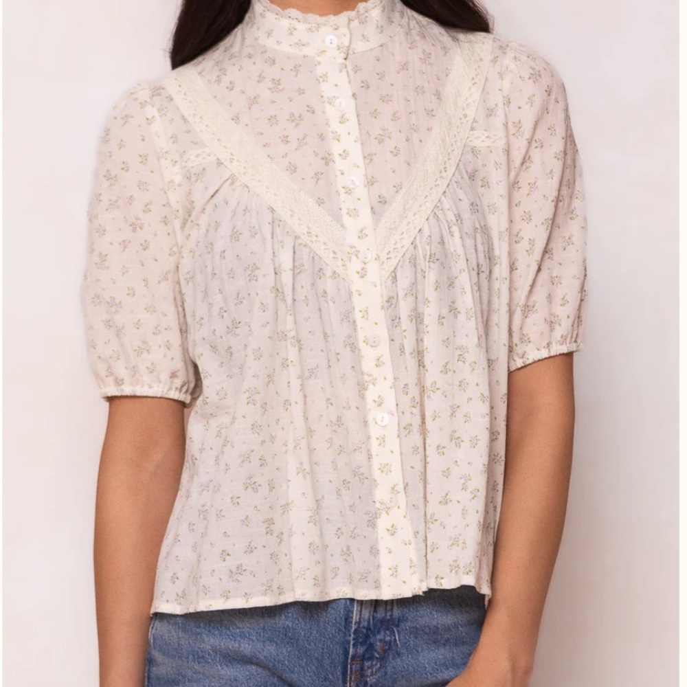 New Ivy City Co Cream Floral Lace Blouse Size XXS